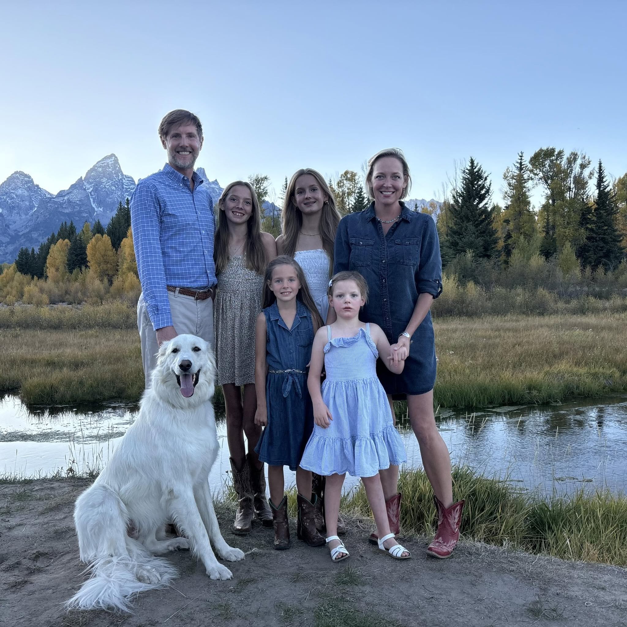 Rebecca Bextel with her husband Jonathan and their four daughters near the Grand Tetons